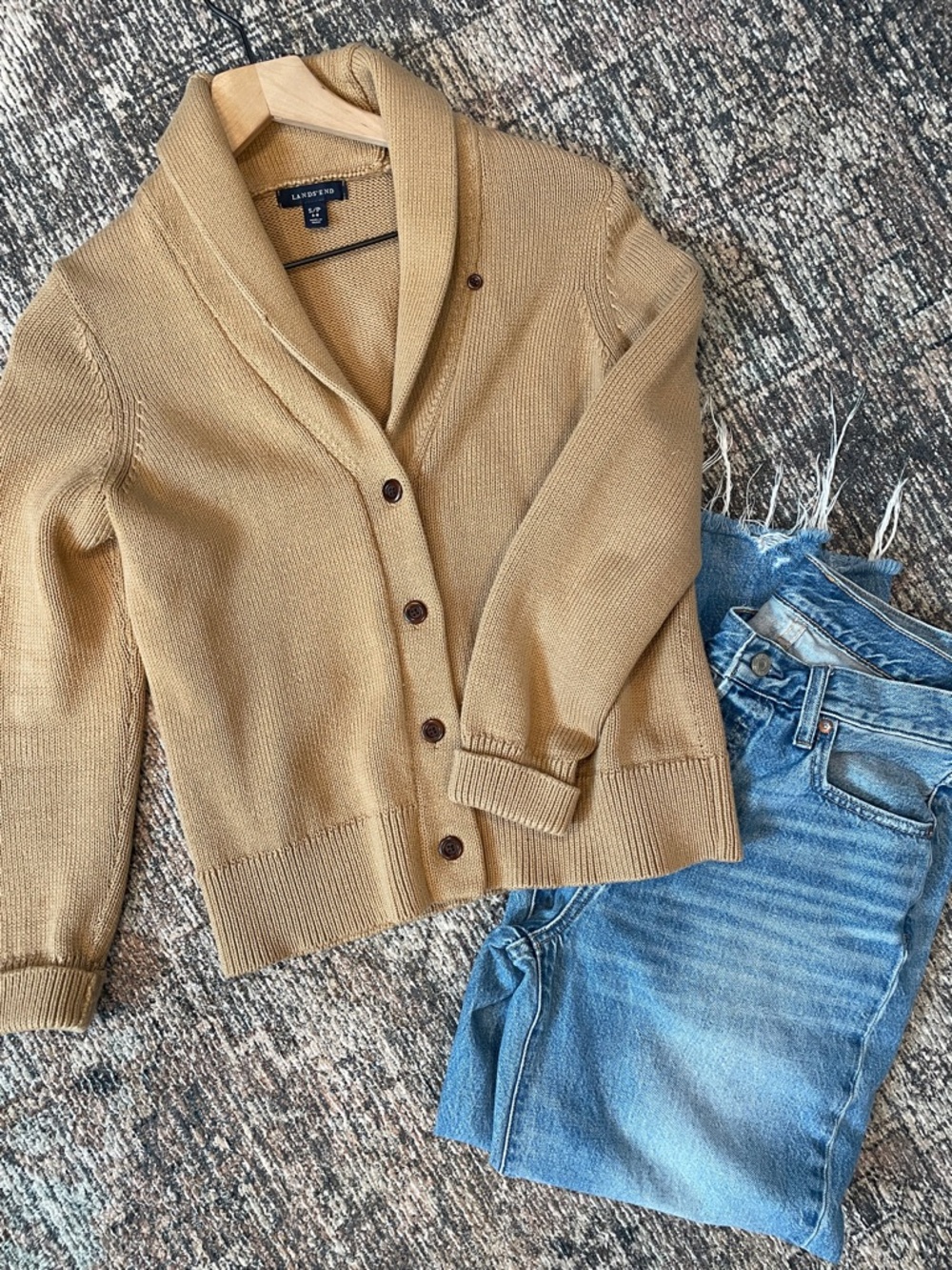 Lands’ End Camel Shawl Collar Cardigan Small 100% Cotton